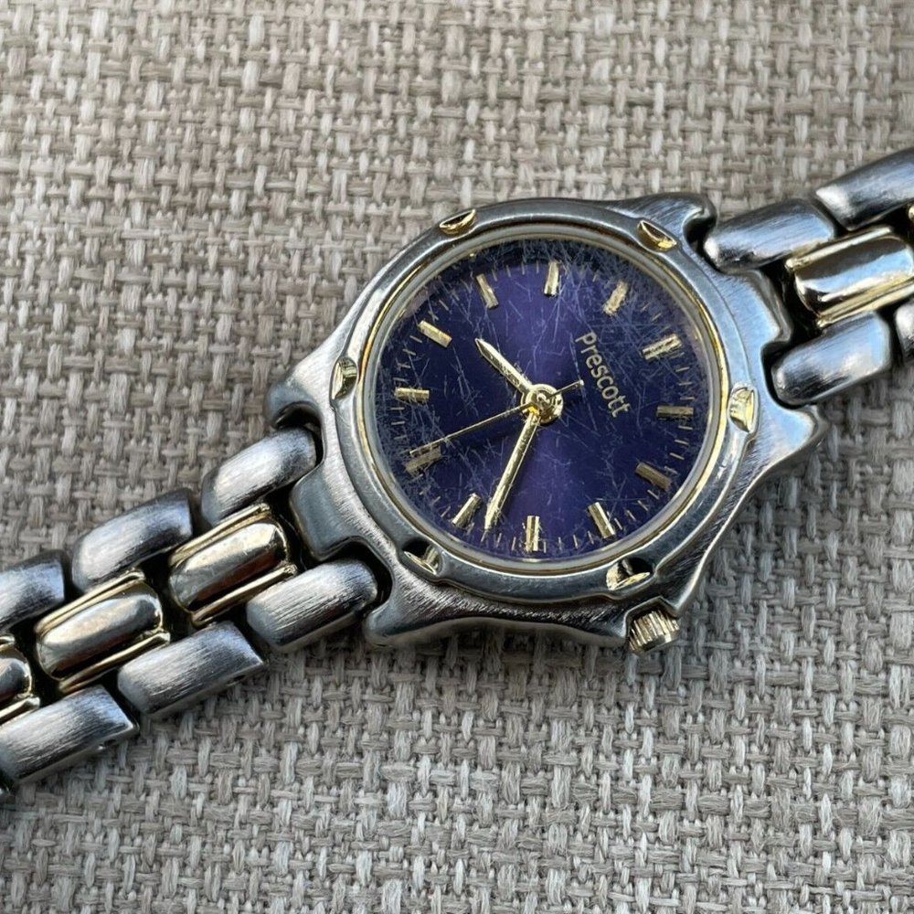 Prescot Ladies Wristwatch Silver/Gold Tone Blue Face Quartz Analog Japan Movt - Picture 3 of 11